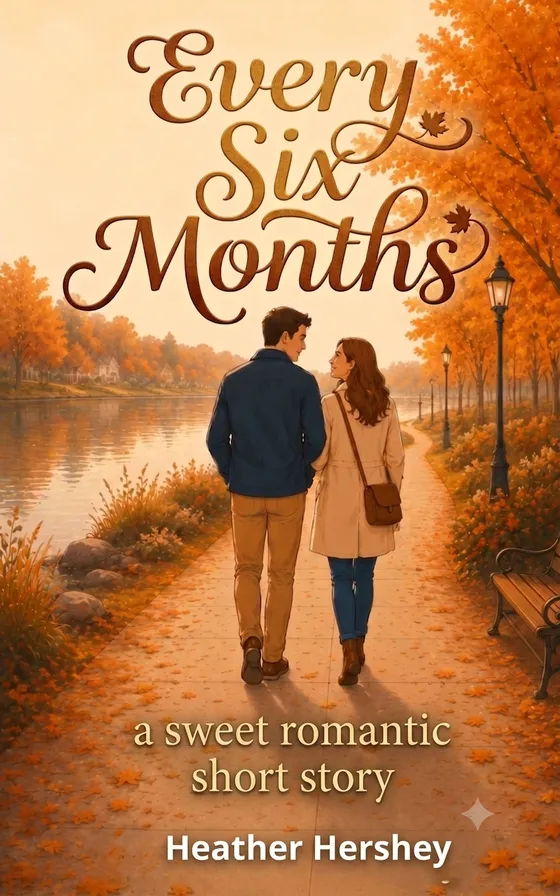 Every Six Months by Heather Hershey, illustrated cover with a couple beside the river